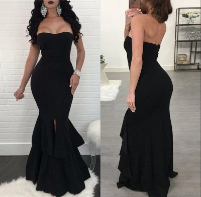 Sexy schwarzes Meerjungfrau-Abendkleid |Rüschen-Abschlussballkleid mit Schlitz_5