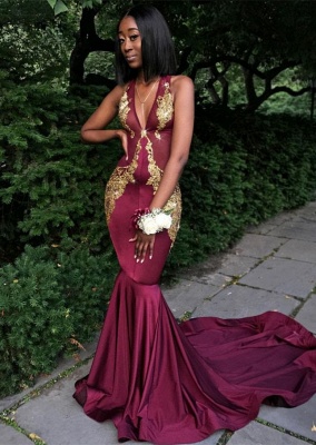 Sexy Straps Burgundy Sleeveless Mermaid Sweep Train Gold Appliques Prom Dress_1