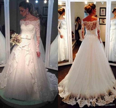 Off The Shoulder Long Sleeve Elegant Lace Bowknot Tulle Wedding Dresses_3