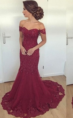 Lace Glamorous Burgundy Mermaid Appliques Long Off-the-Shoulder Evening Dress_3