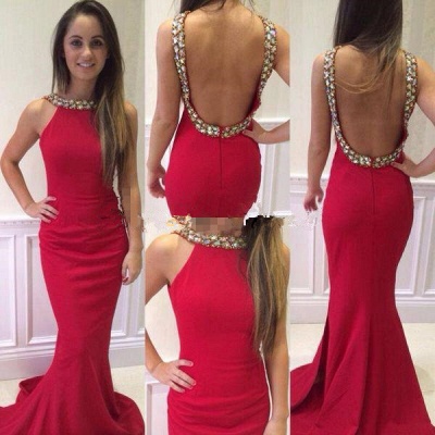 Halter Neck Crystals Red Backless Prom Dresses Mermaid Court Train Evening Gowns_2