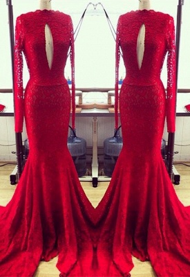 Modern Red Lace Keyhole Long Sleeve Mermaid Prom Dresses_1