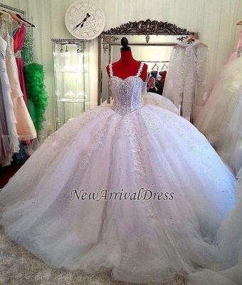 Correas espaguetis Cristales lujosos vestidos de novia | Vestidos de novia de encaje de tul hinchado vestido de bola_1