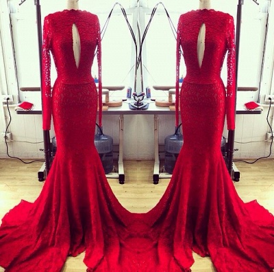 Modern Red Lace Keyhole Long Sleeve Mermaid Prom Dresses_3