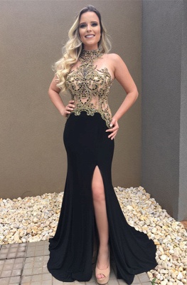 Appliques Halter Sexy Mermaid Black Prom Dress_2