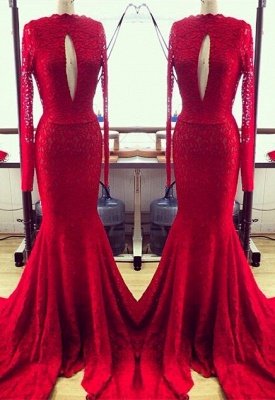 Modern Red Lace Keyhole Long Sleeve Mermaid Prom Dresses_1