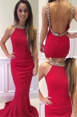 Halter Neck Crystals Red Backless Prom Dresses Mermaid Court Train Evening Gowns_1