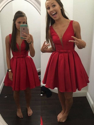 Sash Simple Bowknot V-neck  Sleeveless Short Red Straps Homecoming Dress_1