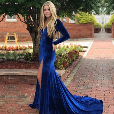 Royal blue mermaid prom dress,long sleeve evening dress with slit_3