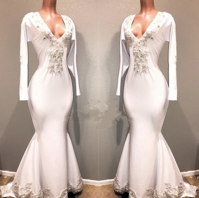 Mermaid White Long Sleeves Evening Dresses | V-Neck Lace Appliques Beaded Prom Dresses_3