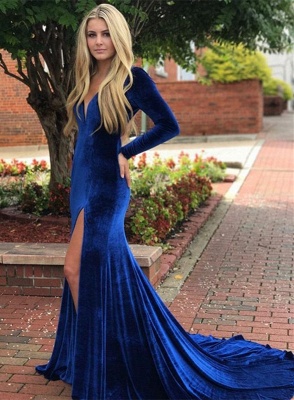 Royal blue mermaid prom dress,long sleeve evening dress with slit_1