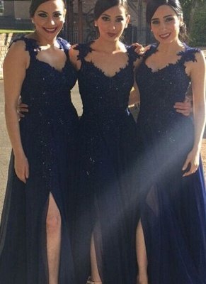 A-line Side-Slit Lace-Appliques Navy-Blue Chiffon Bridesmaid Dresses_2
