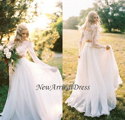 Elegant Two Piece Long Sleeves Chiffon Lace New Arrival A-line Wedding Dresses_1
