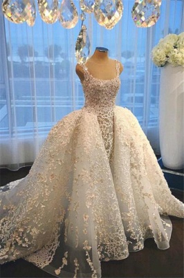 Luxurious Straps Overskirt Sleeveless Wedding Dresses Appliques Ball Gown Bride Dress_1