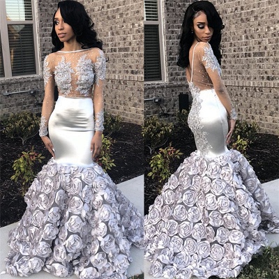 Silver Flowers Long See Through Prom Dresses | Long Sleeve Beads Lace Mermaid Evening Dress FB0371_4