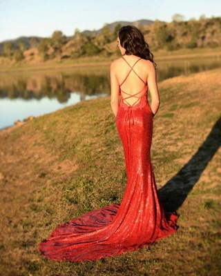 Charming Red Sequins MermaidProm Dress Long Spaghetti Straps BA8055_4