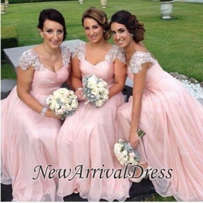 Long Capped-Sleeves Elegant Pink Chiffon Bridesmaid Dresses_1