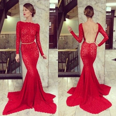 Arrival Prom Dresses Long Sleeves Sheer Lace Backless Mermaid High Bateau Neck Evening Gowns_2