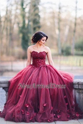 Tulle Sweetheart Appliques 3D-Floral Burgundy Amazing Ball Gown Wedding Dresses_1