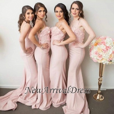 Spaghettis-Straps Mermaid 3D-Floral-Appliques Pink Bridesmaid Dresses_1