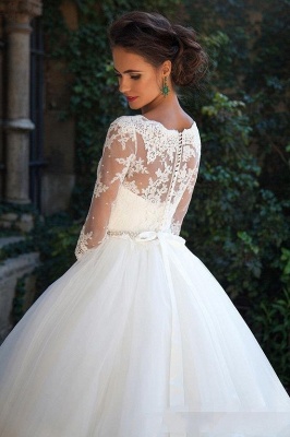 Half Sleeve Ball Gown Wedding Dresses  | Puffy Tulle Lace Appliques Bridal Gowns with Beads Belt_1