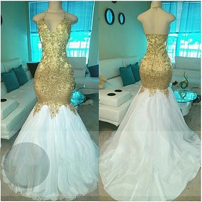Sexy Open Back Gold Evening  Gowns | Beads Apliques Mermaid Long Prom Dresses_3