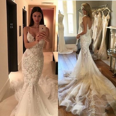 Online Sexy Spaghetti Straps Lace Charming Tulle Button Mermaid Wedding Dresses Cheap_5