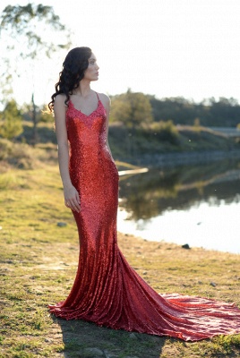 Charming Red Sequins MermaidProm Dress Long Spaghetti Straps BA8055_1