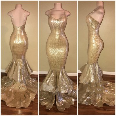 Gold Spaghetti Straps Layers-Train Sequins Mermaid Shiny Long Prom Dresses_3