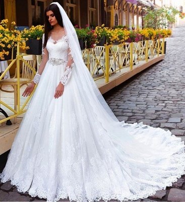 New Arrival Lace Princess Crystal Long Sleeve Elegant Wedding Dresses_3