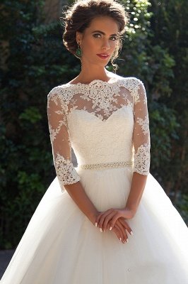 Half Sleeve Ball Gown Wedding Dresses  | Puffy Tulle Lace Appliques Bridal Gowns with Beads Belt_2