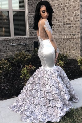 Silver Flowers Long See Through Prom Dresses | Long Sleeve Beads Lace Mermaid Evening Dress FB0371_3