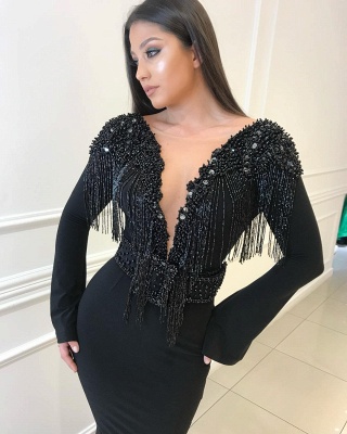 Sexy Black Open Back Long Sleeves Mermaid Tassels V-Neck Beadings Long Prom Dresses_4