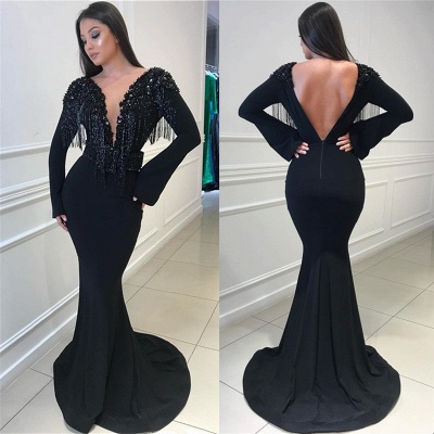 Sexy Black Open Back Long Sleeves Mermaid Tassels V-Neck Beadings Long Prom Dresses_5