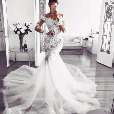 Sexy Sheer Tulle Illusion  Wedding Dresses | Long Sleeve Lace Mermaid Bridal Gowns_2