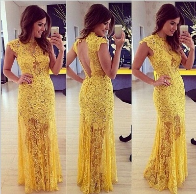 A-line Lace Yellow Modern Long High-Neck Sleeveless Prom Dress_3