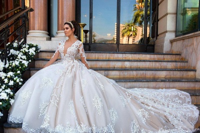 Princess Court Train Glamorous Lace Long Sleeve Wedding Dresses_4