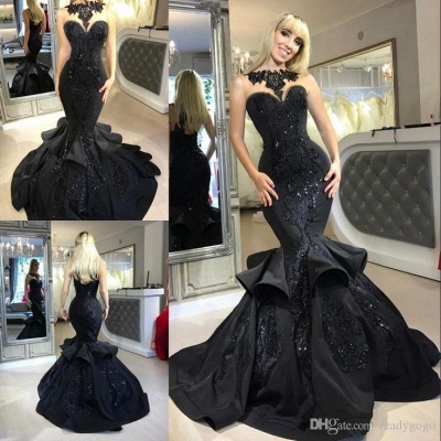 Sexy Schwarz MeerjungfrauAbschlussballkleid Lange Pailletten Rüschen Partykleider BA7654_4