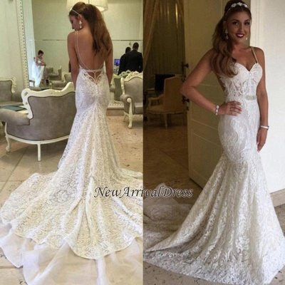 Backless Spaghetti Straps Elegant Mermaid Lace Wedding Dresses  Online_1