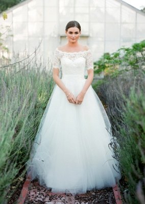 New Arrival Bateau Short Sleeve Lace Wedding Dresses A-Line Tulle Plus Size Bridal Gown_1