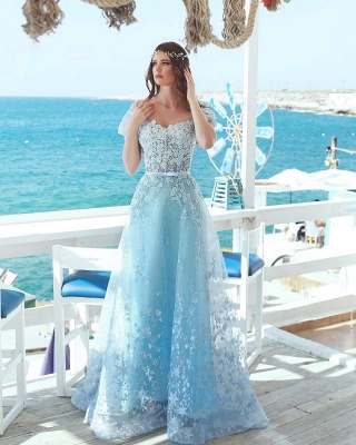 Exquisite A-Line Floral Prom Dresses | Off-The-Shoulder Short Sleeves Beaded Prom Dresses With Bows_3