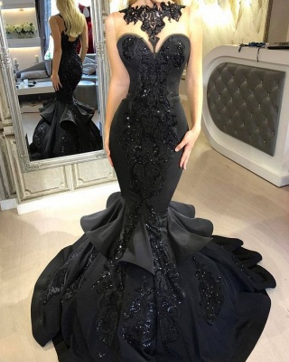 Sexy Schwarz MeerjungfrauAbschlussballkleid Lange Pailletten Rüschen Partykleider BA7654_1