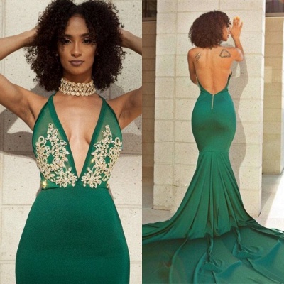 Elegante vestido de noche verde con cuello en V | Vestido de fiesta de sirena sin espalda con encaje_5