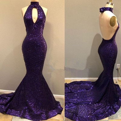 Purple Sequins Sexy Open Back Prom Dresses  | Mermaid Keyhole Evening Gowns BA9083_3