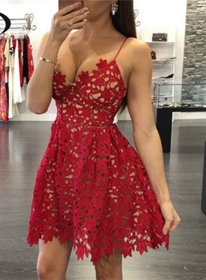 Sexy Red LaceHomecoming Kleid Kurze Spaghetti-Träger Partykleider_1