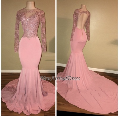 Open Back Long Sleeve Beaded Lace Appliques Pink Shiny Mermaid Prom Dresses_1