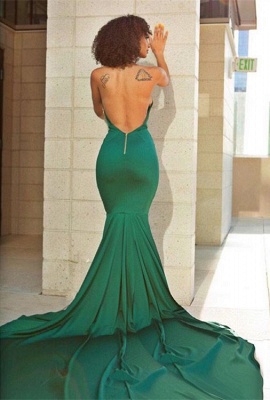 Elegante vestido de noche verde con cuello en V | Vestido de fiesta de sirena sin espalda con encaje_4