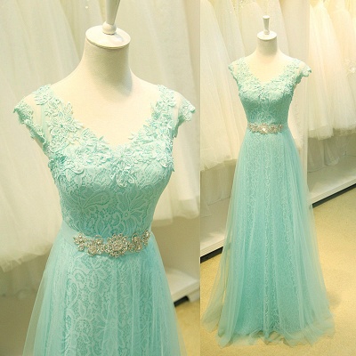 V-Neck Cap Sleeve Lace Evening DressesCrystal Lace Up Prom Gowns_2