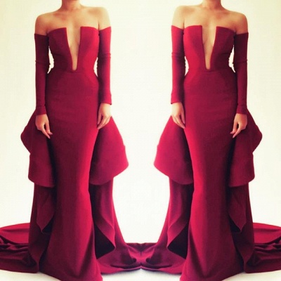 Red Ruffles Long Sleeve Mermaid V-neck Prom Dresses_3