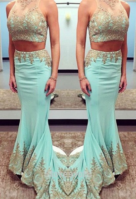 Delicate Two Piece Sweep Train Lace Appliques Halter Prom Dress_1